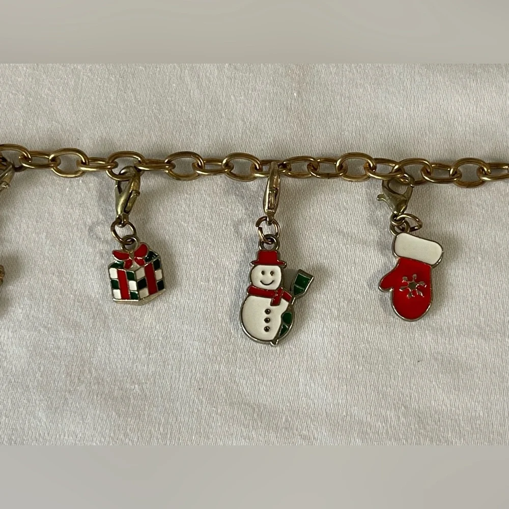 Vintage Christmas charm bracelet, gold tone, removable, charms